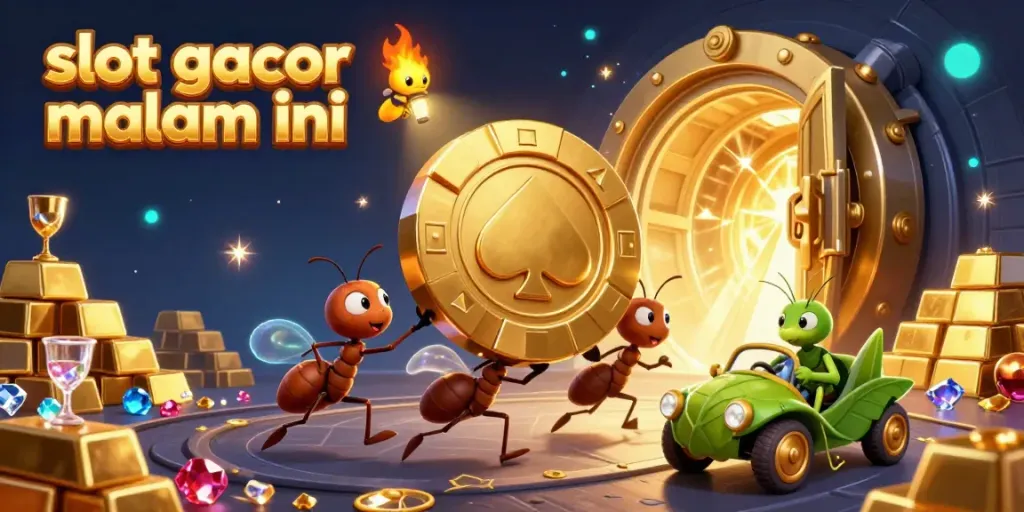 Experience thrilling heists with giant poker chips at "slot gacor malam ini", highlighting vibrant casino elements.